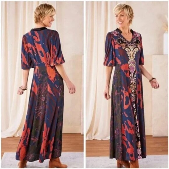 SOFT SURROUNDINGS Maxi Dress 22W Velvet Trim Boho Chic V Neck Lined "Epiphany" - Picture 2 of 14
